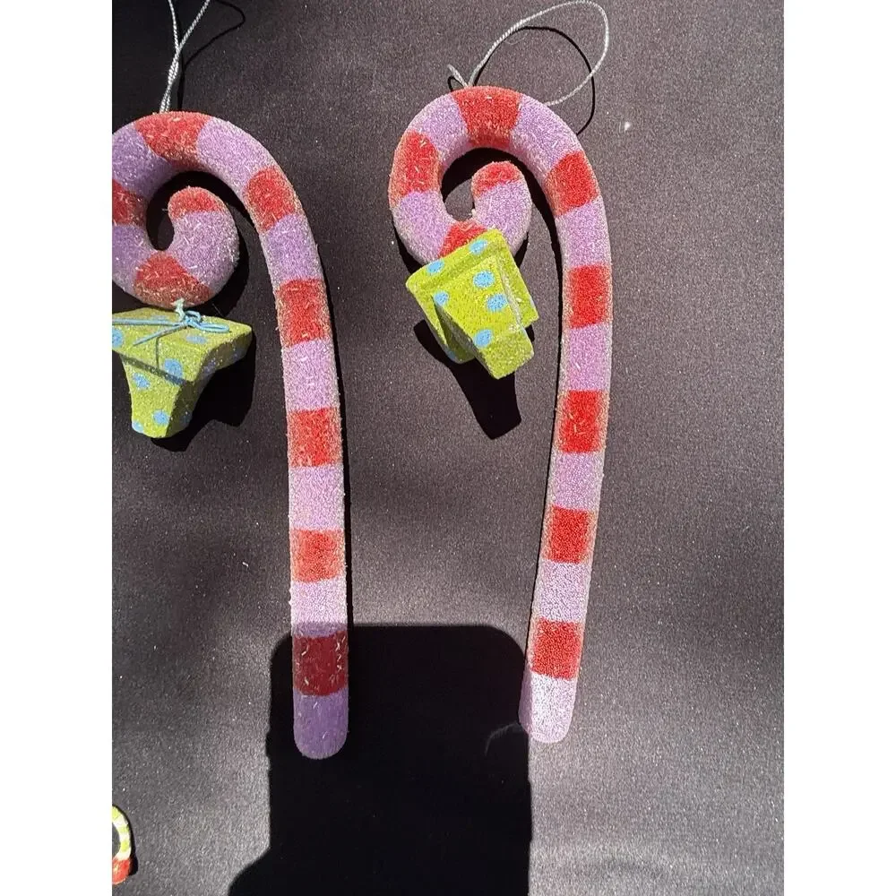 2 Vtg Dept 56 Whimsical Sugared Candy Cane Christmas Ornaments Frosted -K1
